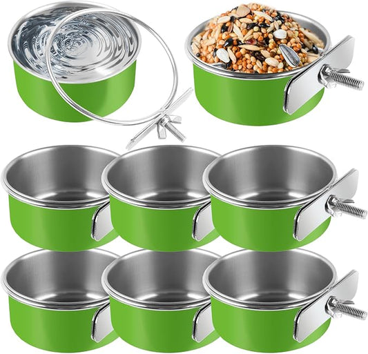Stainless Steel Bird Bowls for Cage (8 Pack)– Green Hanging Bird Food & Water Feeder Cups with Clamp Holder, Anti-Spill Bird Cage Feeders for Parakeets, Cockatiels, Conures, Budgies & Small Animals