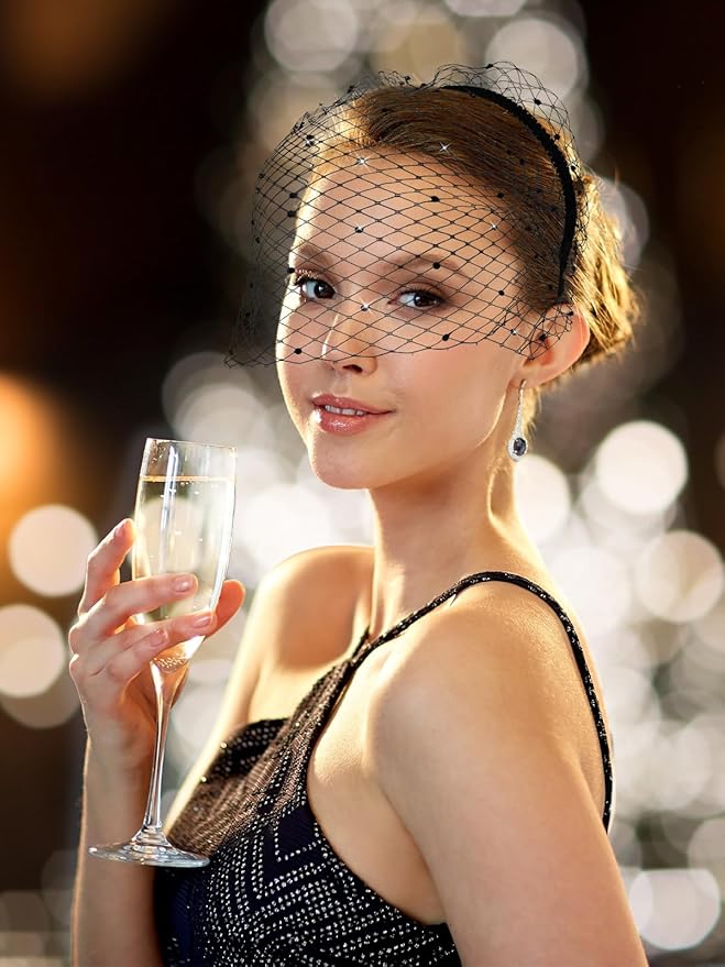 Jansun Black Veil Mesh Veil Headband 1920s Headpiece Birdcage Veil Bridal Wedding Tea Party Fascinator Veil for Women