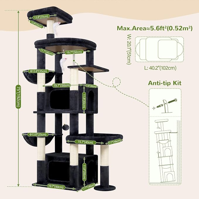 Globlazer Cat Tree for Large Cats, 75in Tall Multi-Level Heavy Duty Cat Tower for Indoor Cats with Extended Platform, 2 Spacious Condos, 2 Padded Perches, 6 Sisal Scratching Posts, S75, Dark Grey