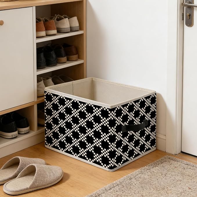 Black and White Plaid Storage Bins, Abstract Mosaic Checkered Foldable Closet Organizers Storage Basket Toybox for Clothes Bed Sheets Blankets Toys