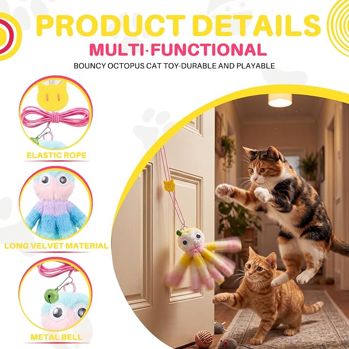 Walfront Octopus Door-Hanging Cat Wand Toy – Interactive Teaser with Swinging Tentacles, Hands-Free Self-Play Toy for Indoor Cats & Boredom Relief