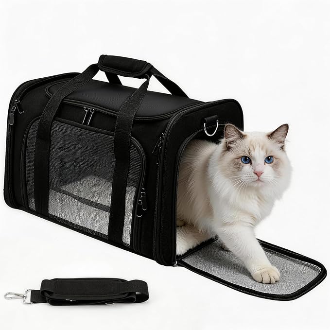 Cat Carrier Soft, Dog Carriers for Small Dogs/Large Cats (Up to 16lbs), with High Breathability, Shoulder Strap, Removable Pad, Pet Carrier Airline Approved, for Home Outdoor Travel (Black)