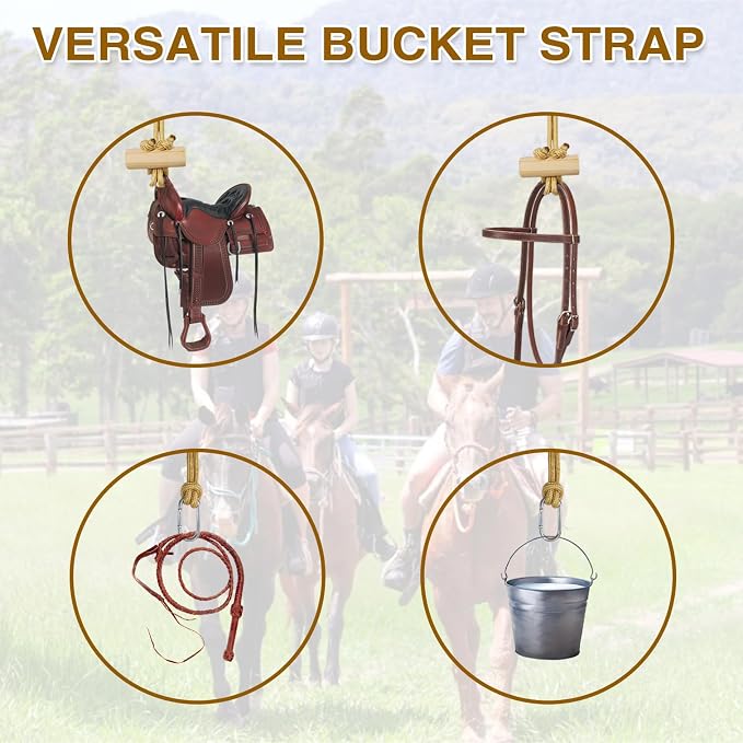 2 PCS Horse Bucket Strap with Wooden Snap Multi-Purpose Adjustable Nylon Rope & Quick Release Carabiner Hay Chix Horse Bucket Strap for Stable Water Bucket Hanging Equine Barn Supplies
