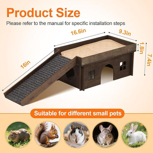 Large Bunny House with Stair, Wooden Bunny Castle Rabbit Hideout, Chinchilla and Guinea Pigs Hut Hideouts, Sturdy Rabbit Cage Hamster Hideout Bed Hutch（Excluding String Lights）