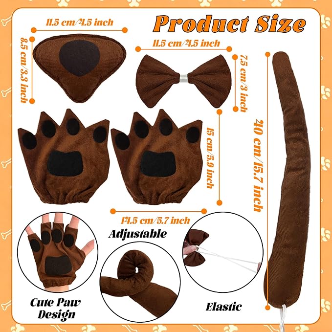 5Pcs Puppy Dog Costume Accessories Set,Dogs Long Ear Headband Nose Tail Gloves Bow Tie for Halloween Cosplay Prop Supplies Decor