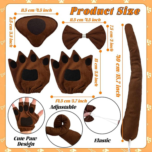 5Pcs Puppy Dog Costume Accessories Set,Dogs Long Ear Headband Nose Tail Gloves Bow Tie for Halloween Cosplay Prop Supplies Decor