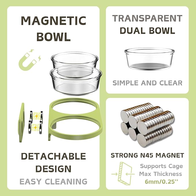 Magnetic Hamsters Feeding Set Freestanding Water Bottle Food Bowl for Glass Tanks, Suitable for Syrian Dwarf Hamsters Gerbils Mice Rats Degus (Green, Magnetic-Mounted)