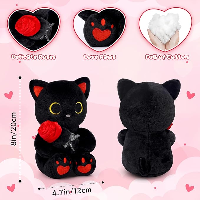 Black Cat Plush with Rose- 8" Kawaii Stuffed Cat Gifts for Women Cute Stuffed Animal for Kids & Adults, Mother Day Mom Birthday Wedding
