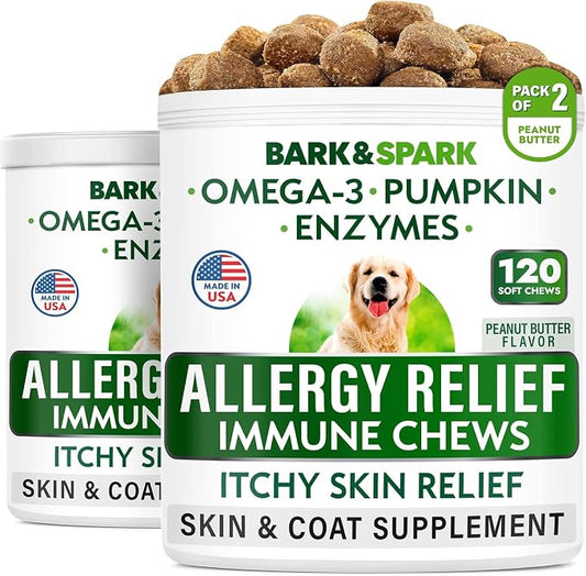BARK&SPARK Dog Allergy Relief Soft Chews for Skin Health & Seasonal Allergies - Anti-Itch Supplement w/Omega-3, Quercetin & Bromelain Immune Treats for Dry Skin & Hot Spots - Peanut Butter - 240ct