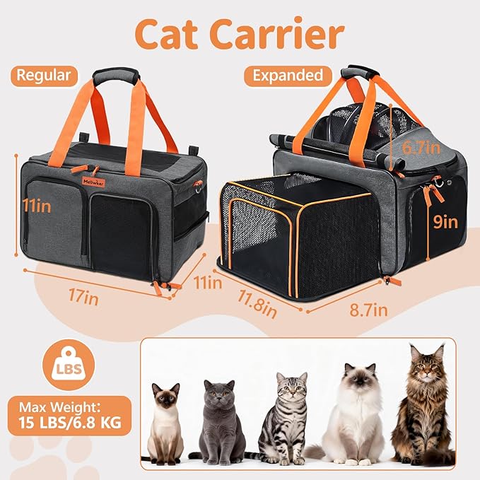 Cat Pet Carrier Soft Sided Bag Airline Approved, Foldable Travel Large Carrier for Small Kittens Medium Cats Up to 15 Lbs, Expandable Carrying Case for Car, Comfortable for Transport