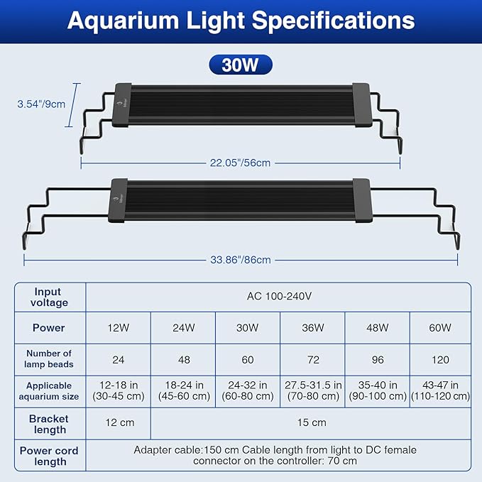 fishkeeper Aquarium Light, LED Fish Tank Lights with Auto Time Sync & 24/7, IP68 Waterproof Extendable Bracket DIY Full Sprctrum Aquarium Plant Lights with Timer/Dimming, Memory Function for 24-32inch