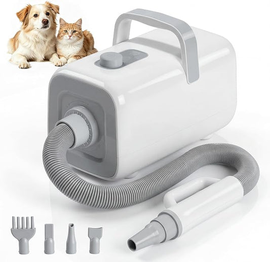NEWBULIG Dog Hair Dryer, 1550W High Velocity Pet Blow Dryer with Heater for Grooming, Speed Temperature Adjustable Dog Blower Grooming with 4 Nozzles, White