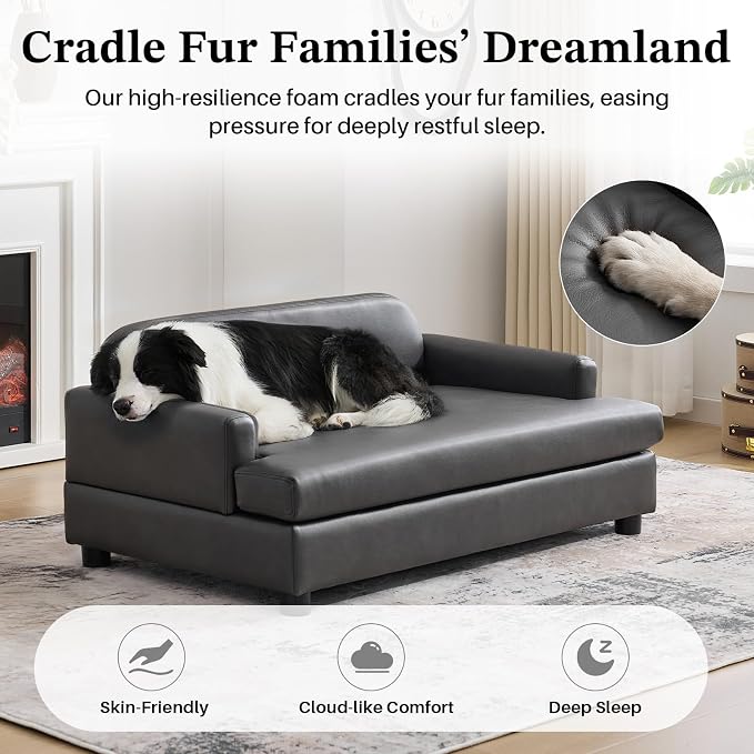 Luxury Dog Sofa Bed Elevated Pet Couch with Durable Waterproof Leather & Orthopedic Sponge - Modern Furniture Style Dog Lounge & Pet Bedside Step for Medium/Large Dogs, Gray