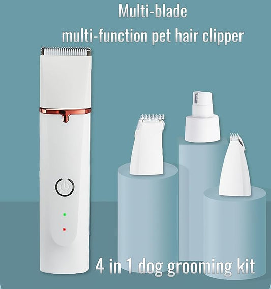 Dog Clippers Grooming Kit 4 in 1 Pet Hair Clipper-Low Noise Dog Paw Trimmer- Rechargeable - Cordless Quiet Pet Dog Cat Nail Grinder Trimming Hair Around The Eyes and Ears for Dogs and Cats (White)