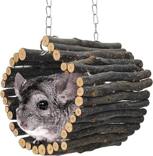 BNOSDM Chinchilla Hanging Tunnel Toy with Adjustable Metal Chain,Natural Fruitwood Small Animal Tubes & Tunnels Toys, Rat Cage Accessories for Ferret, Squirrel, Guinea Pig (Size M)