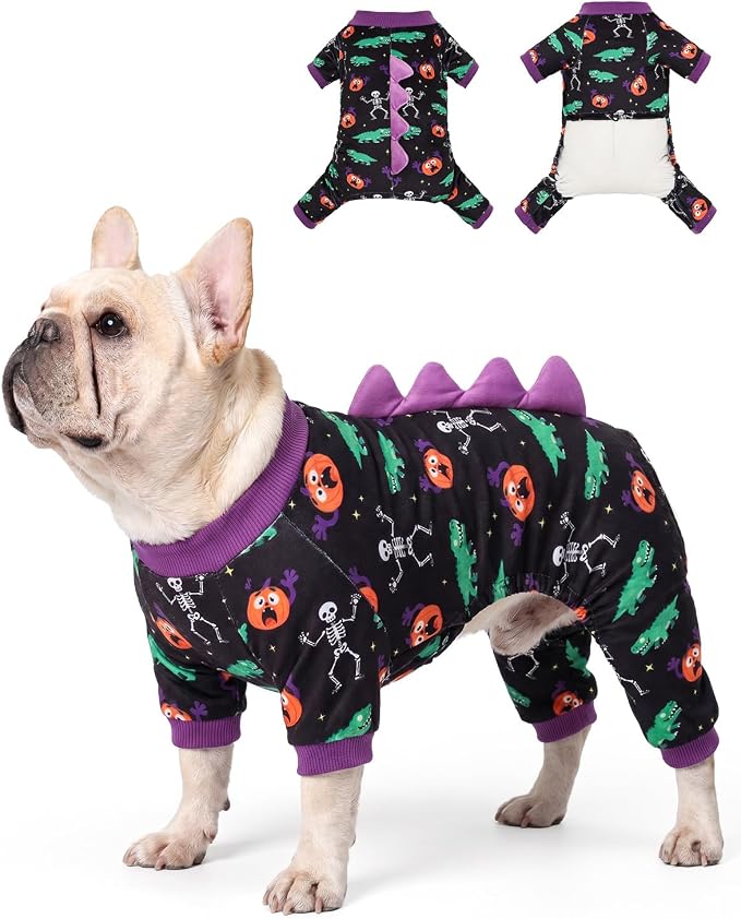 CuteBone Dinosaur Costume Halloween Dog Pajamas, Stretchy Spandex Crystal Velvet Sleepwear Coat for Small Dogs, Soft & Warm Pet Outfit Clothes for Cold Weather, Cozy Pullover Design COSP25XL