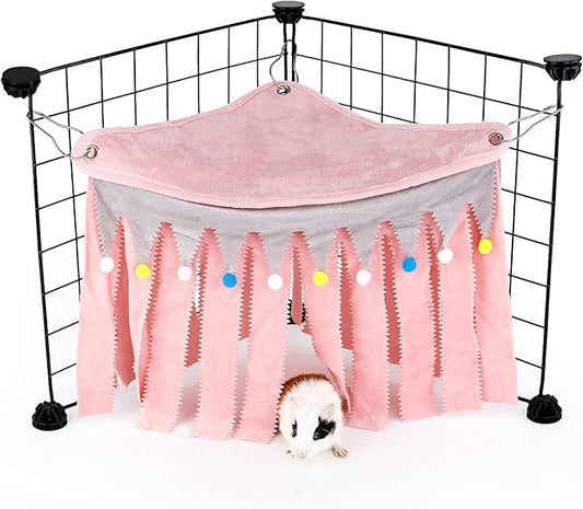 Guinea Pig Hideout - Guinea Pig Corner Hideout, Three-Sided Fringes, Triangle Top and Washable Hides, Suitable Hides for Rabbit and Other Small Pets, No Metal Fences, Pink