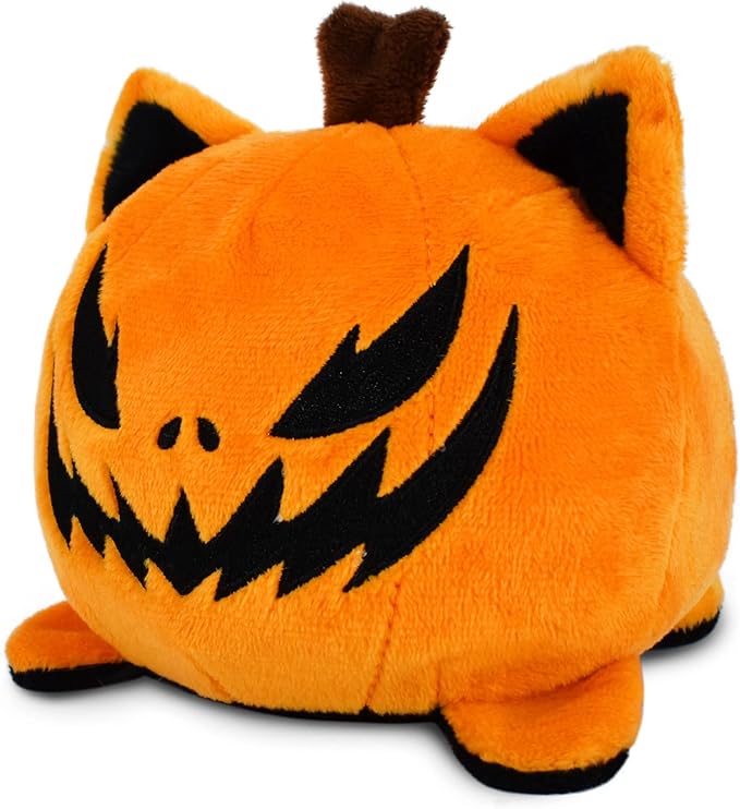TeeTurtle Reversible Cat Plushie 4-Inch Black + Pumpkin Two-Sided Flip Plush Toy with Embroidered Details - Cute Mini Collectible Plush for Kids, Teens, and Adults