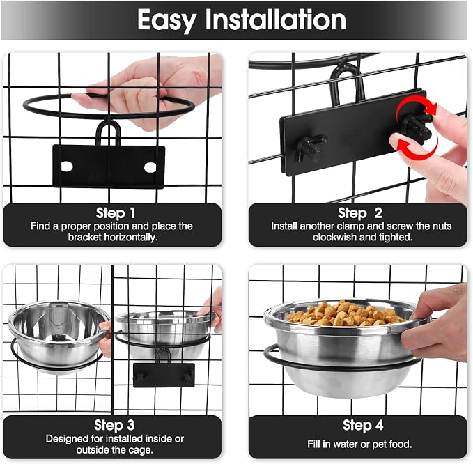 Dog Crate Bowls Hanging No Spill, 2 Pack Crate Water Bowl Kennel Food Bowl | Mountable 47oz & 56oz Stainless Steel Dog Bowls Water Dispenser Set, Metal Feeder Dish Cage Accessories for Large Medium Pet