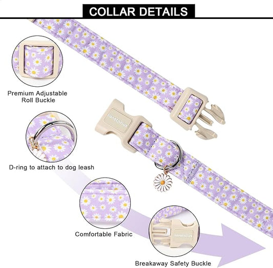 Lionet Paws Floral Dog Collar- Cute Daisy Purple Dog Collars with Plastic Buckle, Light Adjustable Dog Collars for Medium Dogs