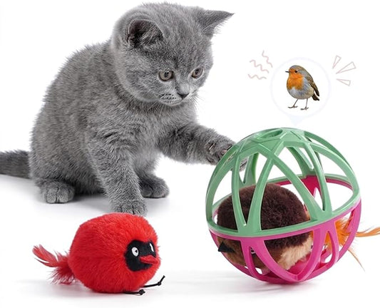 Cat Toys for Indoor Cats - Interactive Ball Cage Cat Toy with Realistic Bird Sounds & 2 Catnip Plush Toys, Motion-Activated Hunting Simulation Toy for Cats