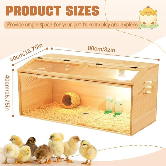 CroBlissful 32 x 16 x 16 in Brooder Box for Chicken Quails Stand Sliding Door, Bulb Set and Feeder, Indoor Chicks Coop Brooder Box Kit, for Ducks, Hamsters, Lizards, Mice, Rat(No Legs, Wooden)