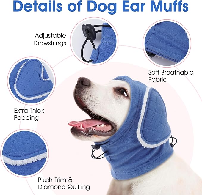 Dog Ear Protection - Adjustable Dog Ear wrap, Warm Dog Calming Hoodie with Sound-Absorbing Pads, Anxiety Relief, Dogs Ear Covers for Noise, Firework, Drying, Grooming, Outdoor (Blue, XL)