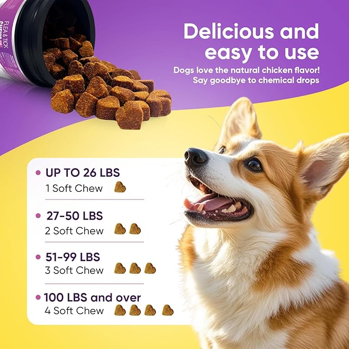 Dog Flea and Tick Treatment Chewable 200 Treatment Chews Natural Soft Chew Support Supplement Pest Defense Breeds and Ages Dogs Chicken Flavor