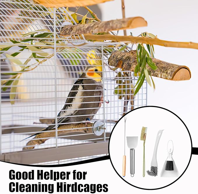 5 Pcs Bird Cage Cleaner Set,Stainless Steel Poop Remover Bird Cage Accessories,Bird Cages Cleaning Brush & Scraper,Cleaning fork & shovel,Mini Dustpan and Broom Set,for Small Animal Cages Clean