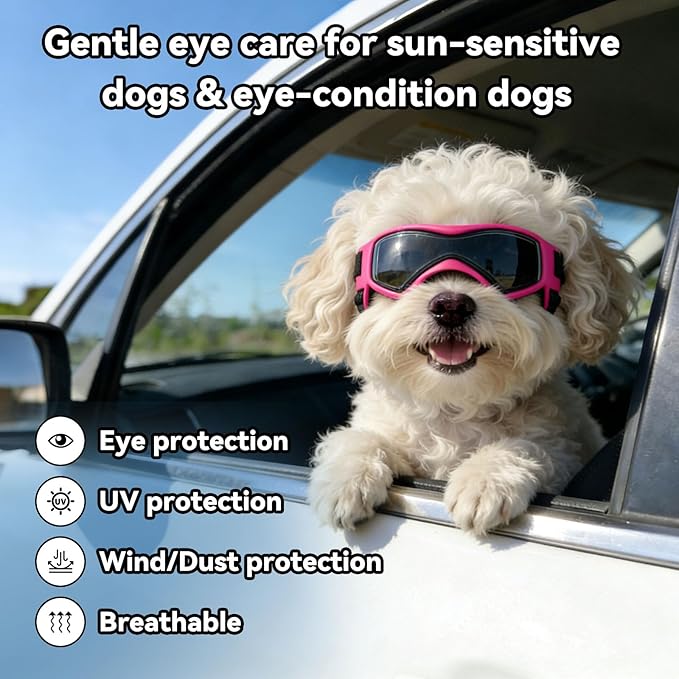 Dog Goggles Dog Sunglasses for Medium Breed UV Protection Windproof with Adjustable Head Straps Chin Straps for Ride Car/Hiking Travel/On Beach-Pink