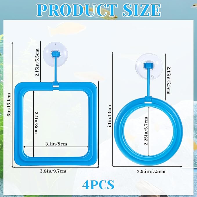 4 Pcs Fish Feeding Ring, Round & Square Floating Aquarium Feeding Ring with Suction Cup, Easy to Use for Betta, Goldfish, Guppy, Turtle & Small Fish (Blue)