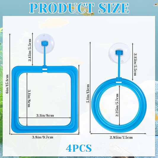 4 Pcs Fish Feeding Ring, Round & Square Floating Aquarium Feeding Ring with Suction Cup, Easy to Use for Betta, Goldfish, Guppy, Turtle & Small Fish (Blue)