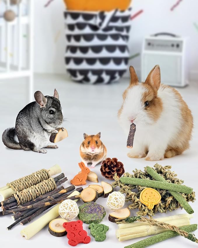 Bissap Rabbit Chew Toy, Natural Bunny Treats Snacks with Timothy Hay Water Grass Mat Chewing Bamboo Apple Sticks Box for Guinea Pigs Chinchillas Hamsters Gerbils and Other Small Pets Teeth Grinding