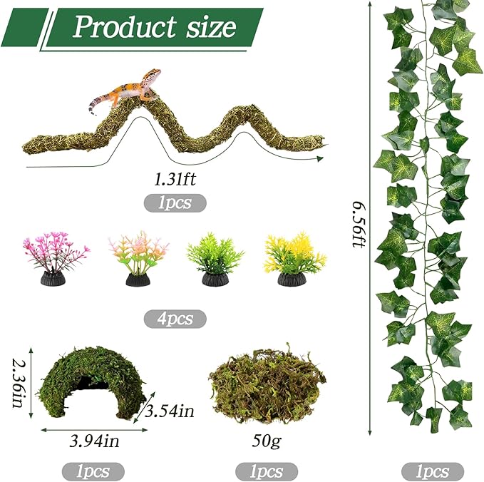 8 Pcs Reptile Hides and Caves Leopard Gecko Tank Accessories Bendable Moss Vine for Reptiles Fake Leaves Potted Plants for Terrarium Vivarium Hide