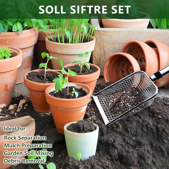 4pcs Gardening Soil Sifter with Stainless Steel Handle Sand Soil Compost Sifter Mesh Screen for Sand,Dirt, Rock,Compost,Filtration (4)