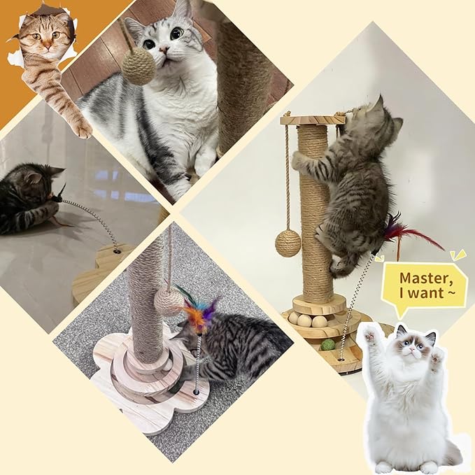 4-in-1 Wooden Cat Scratcher Toy,Cat Scratching Post&2-Level Track Tower With 8 Balls&2 Sisal Ball&2 Cat Wand Toy,Indoor Cat Activity Center For Cats Of All Ages And Body Types (11.8"L x 11.8"W x 19"H)