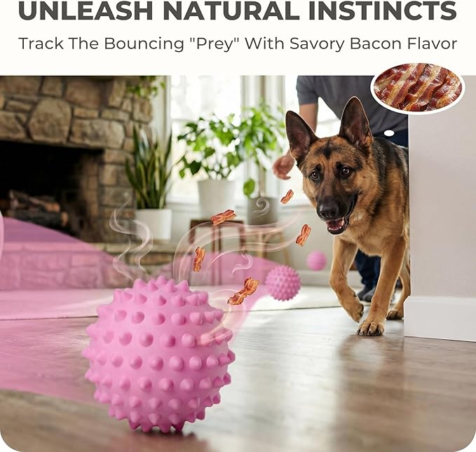 Apasiri 3.5" Durable Squeaky Dog Ball Toy for Puppy Medium Large Dogs(25-80 lbs): Bacon Flavored Pink Spiky Rubber Bouncing Floating Balls for Dogs, Tough Large Outdoor Dog Water Fetch Toys, Dog Gifts