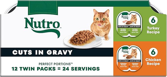 Nutro Perfect Portions Wet Cat Food Gravy Cuts Variety Pack, Cat Food Wet Recipe, Turkey or Chicken Recipe, 2.6 oz. Twin-Pack Trays, 12 Pack