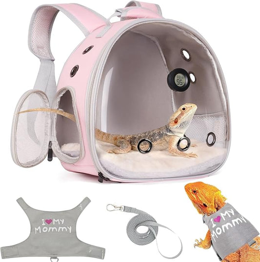 Bearded Dragon Travel Backpack Carrier with Reptile Thermometer and Humidity Gauge Lizard Travel Cage Space Capsule Clear Bubble Window Astronaut Reptile Bag for Ball Python (Pink, Backpack+I LSH)