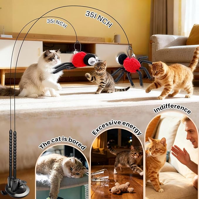 Cat Wand Toy with Replaceable Red Spider Head, Interactive Insect & Feather Teaser Wand for Indoor Cats and Kittens, Ideal for Self-Play or Handheld Bonding, Stimulates Hunting Instincts, Exercise