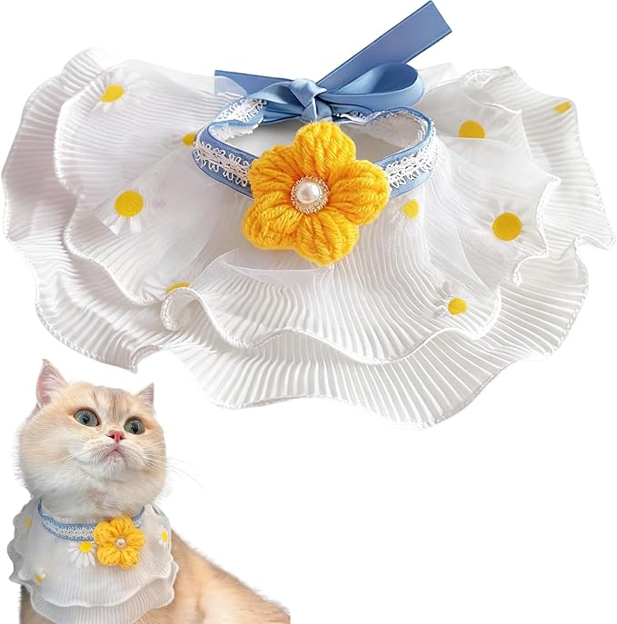 Elegant Lace Cat Collar with Cute Bow,Cat Collar with Bow Tie,Pet Lace Bib Collar with Cute Bow,Cat Princess Costumes,Yellow Daisy,1 Piece ﻿
