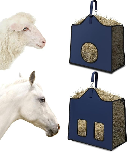 Hay Feeder for Goats and Horses - Slow Feed Design, Heavy Duty Hanging Hay Bag for Barn, Trailer & Paddock, Easy to Hang & Clean(1pcs, Navy Blue)