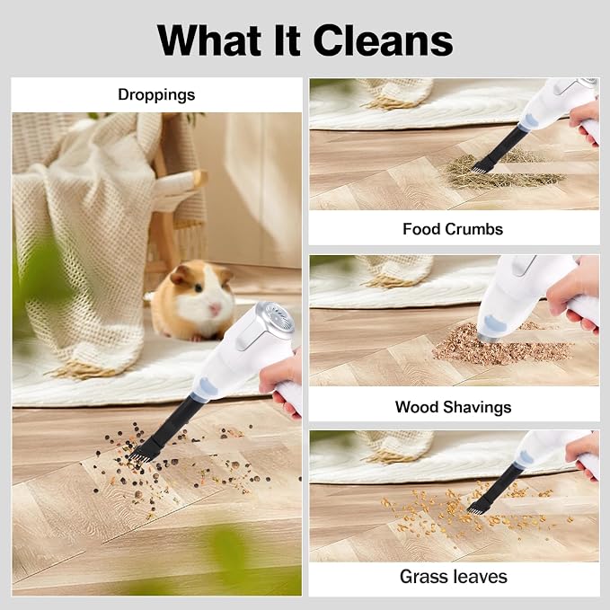 Guinea Pig Poop Spot Vacuum – Mini Cordless Assistant for Daily Cage Corner Cleanup of Guinea Pig, Rabbit, Hamster, Chinchilla, Reptile, Bird & Small Animals – White