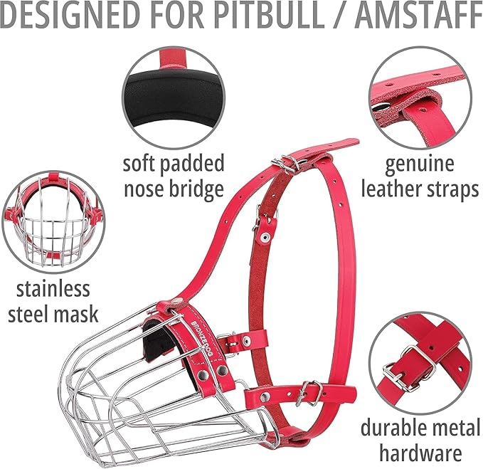 BRONZEDOG Pitbull Dog Muzzle Breathable Metal Basket for Large Dogs Amstaff Staffordshire Terrier Biting Chewing Barking (Leather, Pink)
