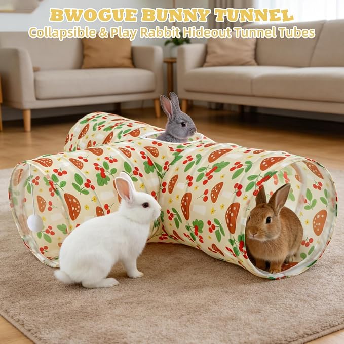 BWOGUE Bunny Tunnels & Tubes Collapsible 3 Way Bunny Hideout Small Animal Activity Tunnel Toys for Dwarf Rabbits Guinea Pigs Kitty