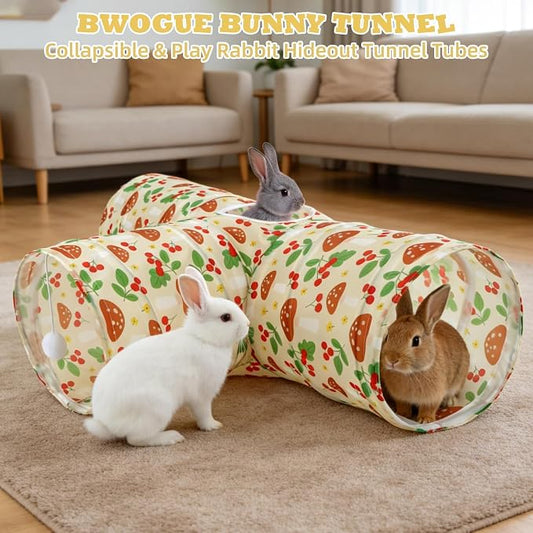 BWOGUE Bunny Tunnels & Tubes Collapsible 3 Way Bunny Hideout Small Animal Activity Tunnel Toys for Dwarf Rabbits Guinea Pigs Kitty