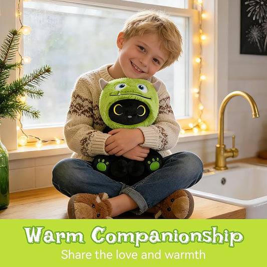 Cat Plush - 8" Black Cat with Removable Green Monster Costume, Soft Stuffed Animal Toy for Kids, Girls, Boys & Adults, Huggable Cute Plushies for Birthday Gift, Room Decor