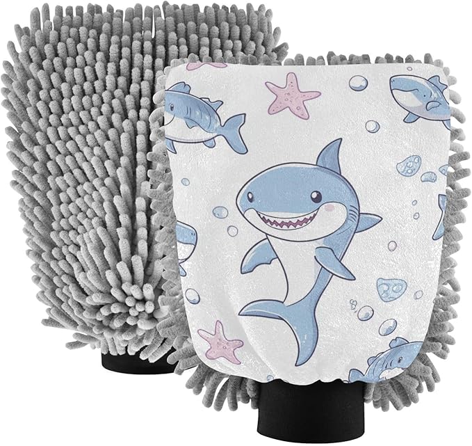 Car Wash Mitt Microfiber Wash Mitts for Car Washing Scratch-Free Cleaning Gloves Soft Non Absorbent Chenille Auto Hand Mitt Large 2Pack Cute Shark Kraken White