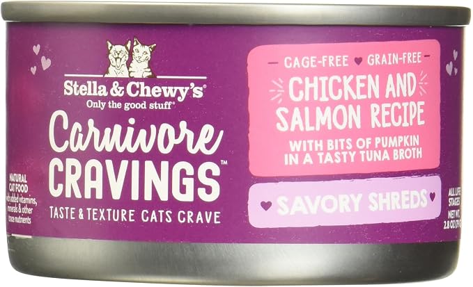 Stella & Chewy’s Carnivore Cravings Savory Shreds Cans – Grain Free, Protein Rich Wet Cat Food – Cage-Free Chicken & Wild-Caught Salmon Recipe – (2.8 Ounce Cans, Case of 12)