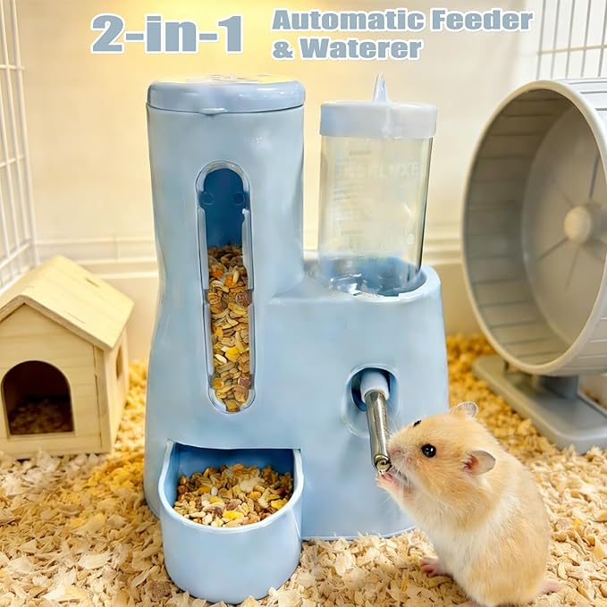 Hamster Food Bowl Guinea Pig Water Bottle No Drip - 2-in-1 Automatic Feeder and Waterer with Roller Ball Design, 300ml+80ml